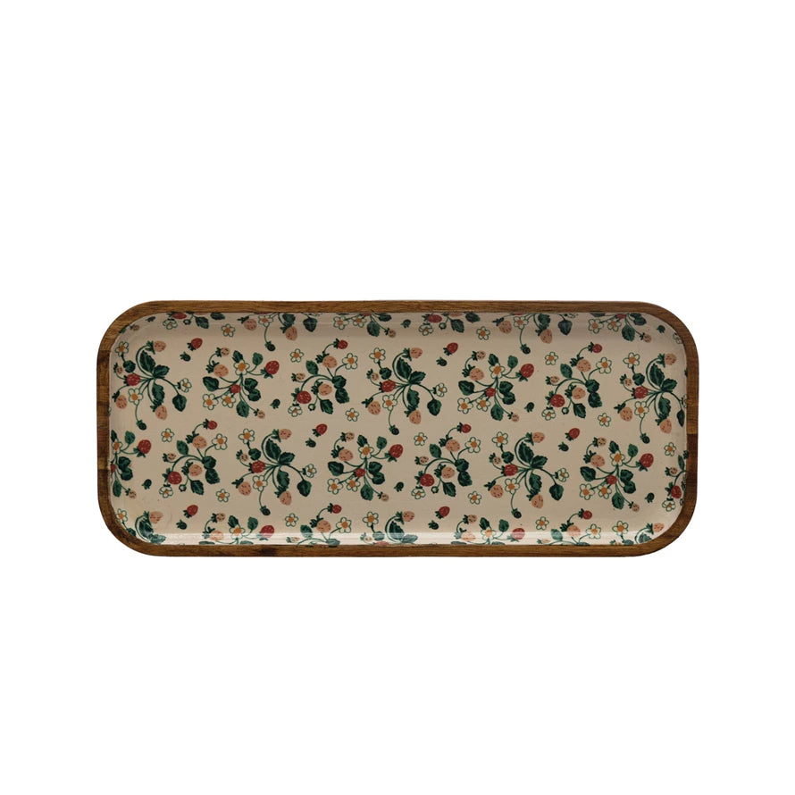 Creative Co-Op Enameled Acacia Wood Tray With Strawberry Floral Pattern #DF6479