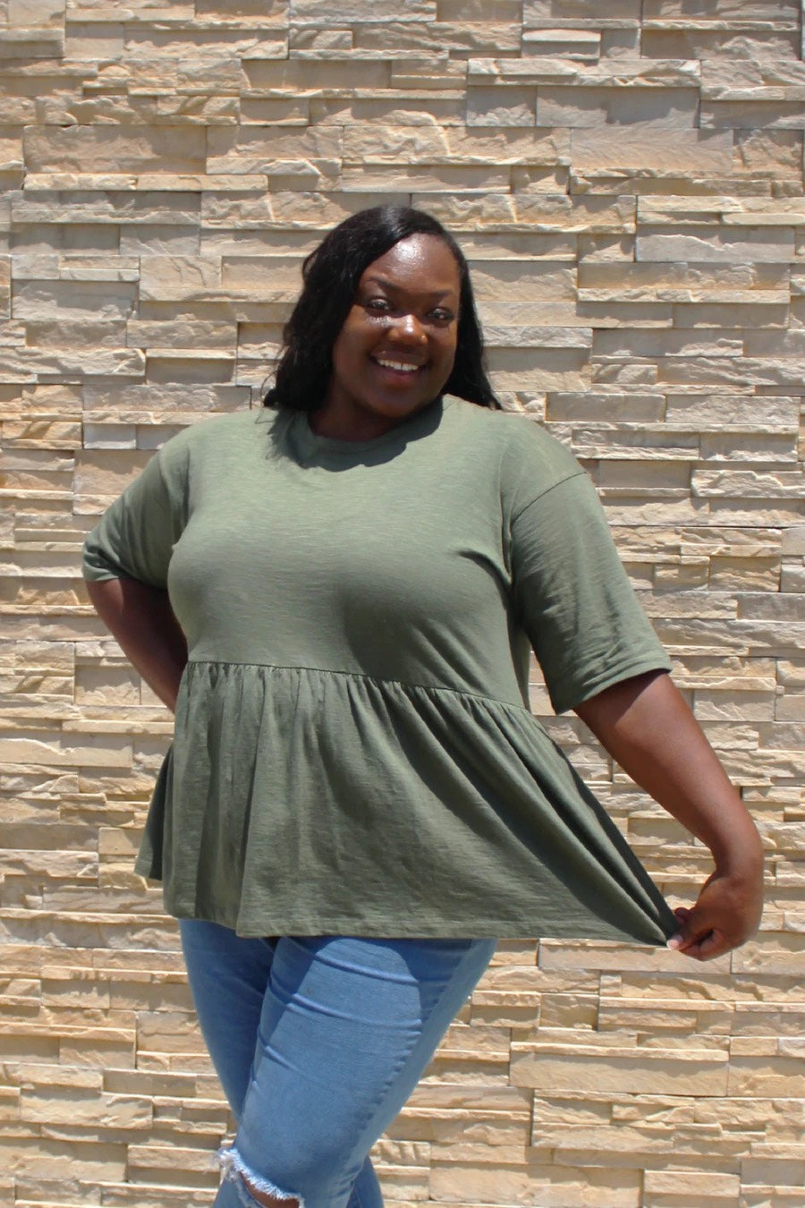 Erica Short Sleeve Slub Ruffle Peplum in Olive