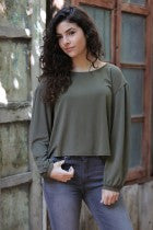 Balloon sleeve crop length knit top.