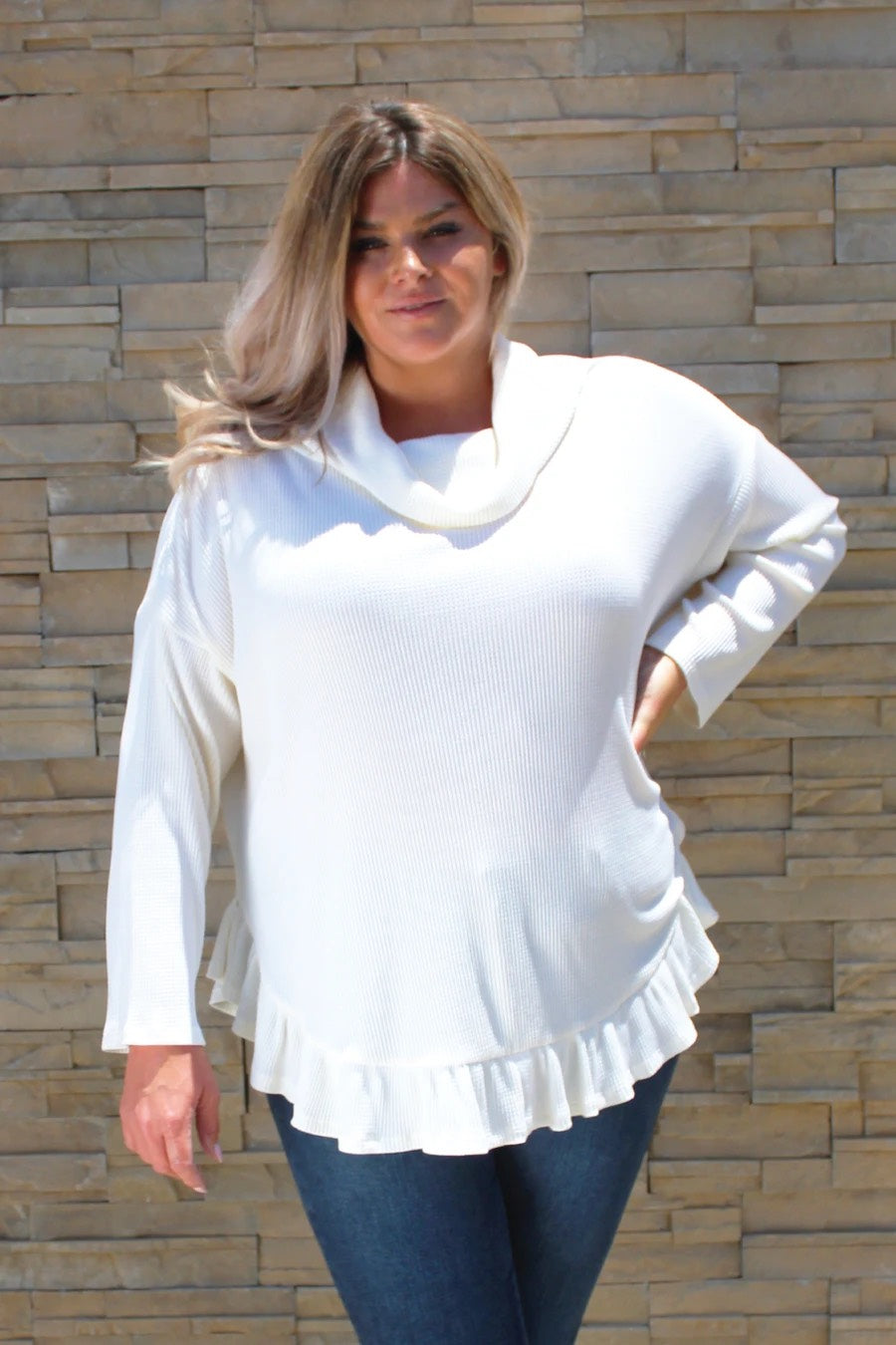 Cowlneck Ruffle Hem Thermal Tunic in Cream