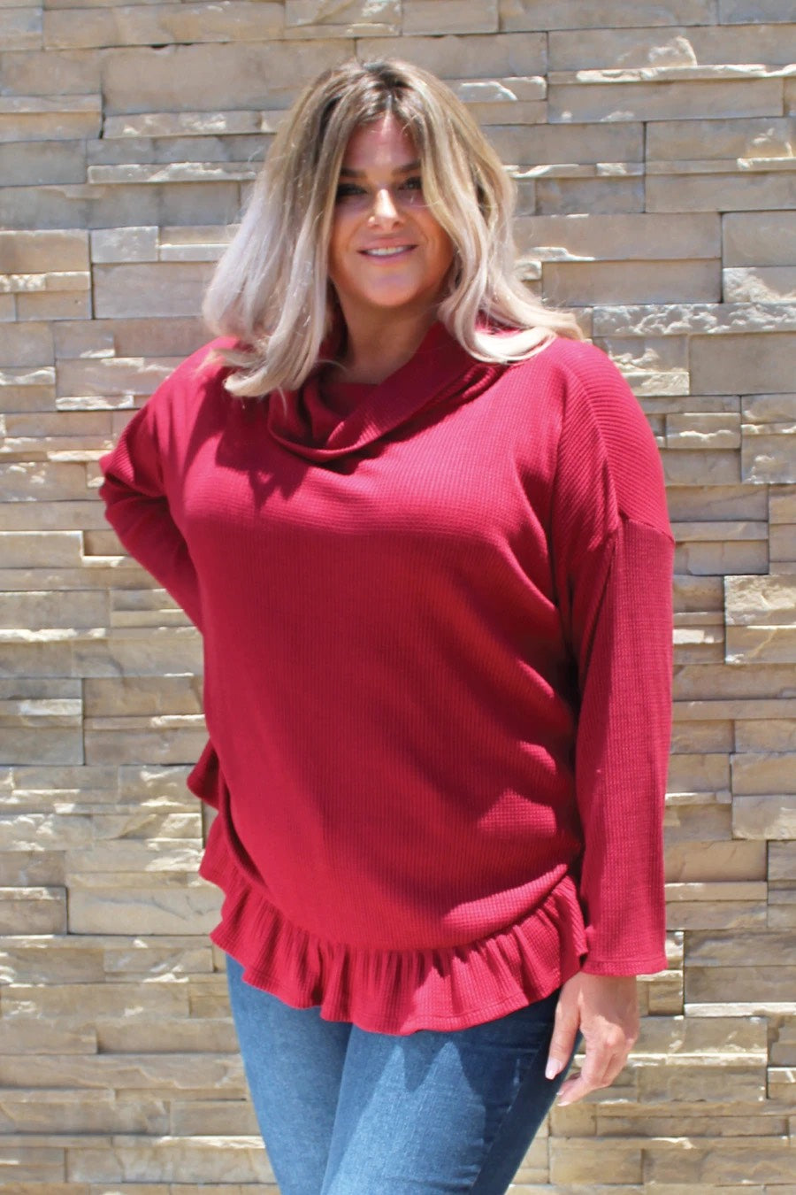 CowlNeck Ruffle Thermal Tunic in Red