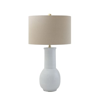 White terra-cotta lamp, 17” round, 30” high, natural linen shade.