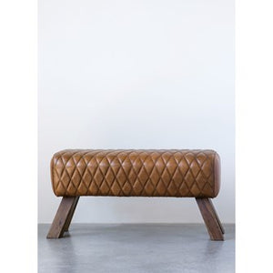 Stitched leather & wood bench, 34.25”L X 11.75”D X 18” H