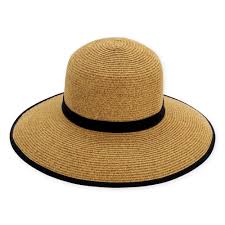 French laundry hat, woven tan with black trim, UPF 50