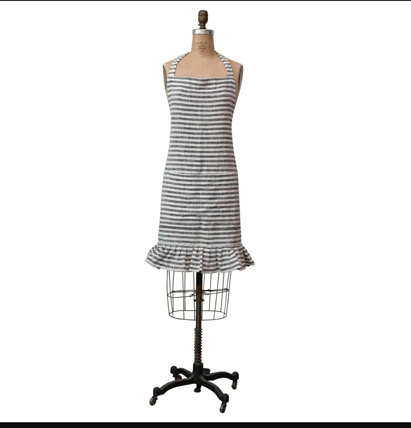 Apron, woven cotton striped with Ruffle